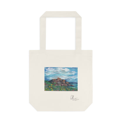 Hand-Painted Seaside Rockscape Cotton Tote — Canvas Nature Art Tote