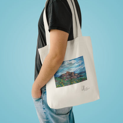 Hand-Painted Seaside Rockscape Cotton Tote — Canvas Nature Art Tote