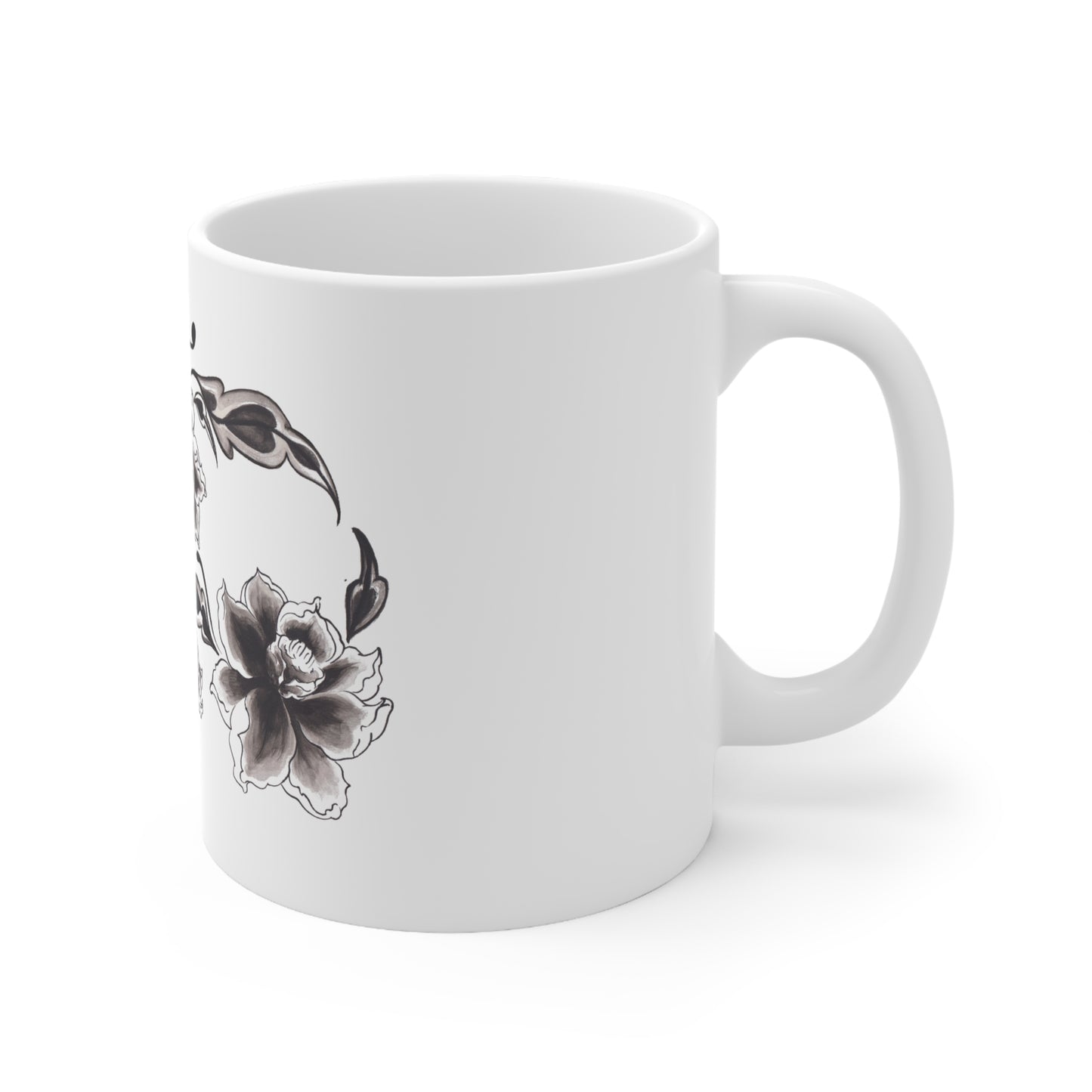 Floral Peony Ceramic Coffee Mug — Black & White Hand-Painted Flower(11oz, 15oz)
