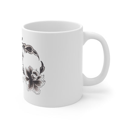 Floral Peony Ceramic Coffee Mug — Black & White Hand-Painted Flower(11oz, 15oz)