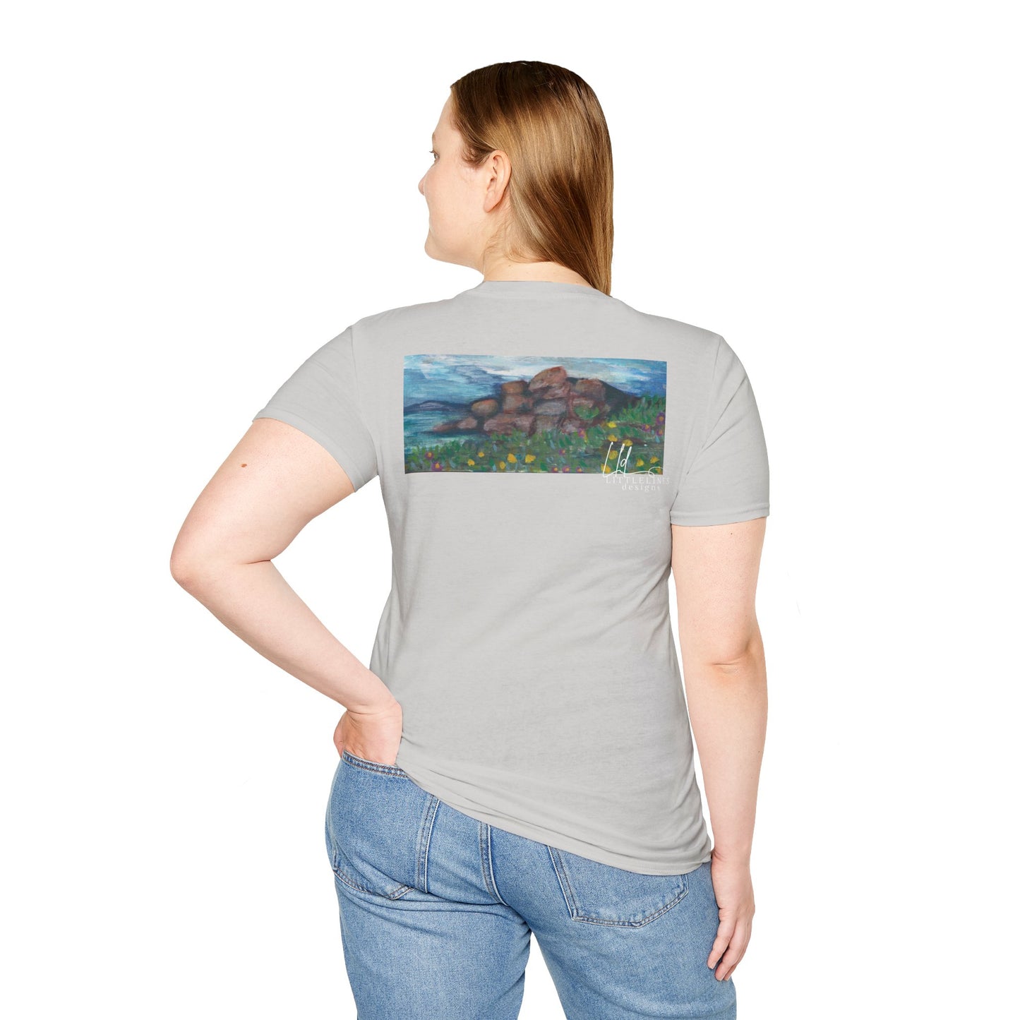 Hand painted "with the rocks" ocean T-Shirt | "Surrounds" Lanscape Floral collection | LittleLiinesdesigns