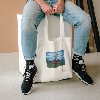 Hand-Painted Seaside Rockscape Cotton Tote — Canvas Nature Art Tote