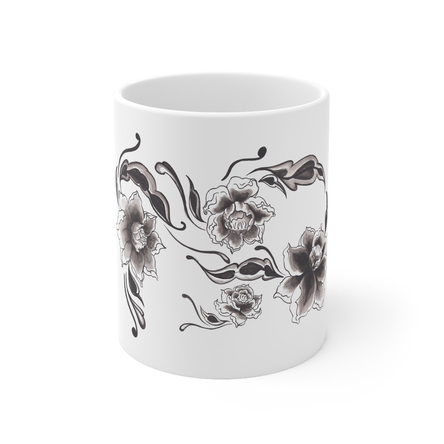 Floral Peony Ceramic Coffee Mug — Black & White Hand-Painted Flower(11oz, 15oz)