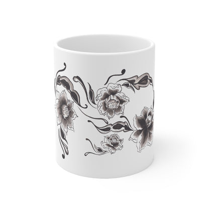 Floral Peony Ceramic Coffee Mug — Black & White Hand-Painted Flower(11oz, 15oz)