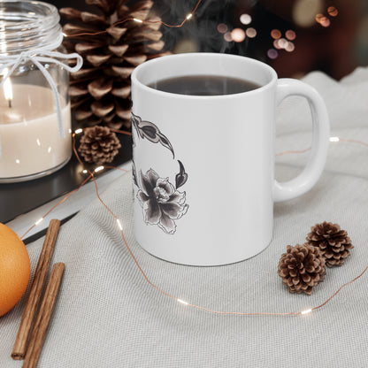 Floral Peony Ceramic Coffee Mug — Black & White Hand-Painted Flower(11oz, 15oz)
