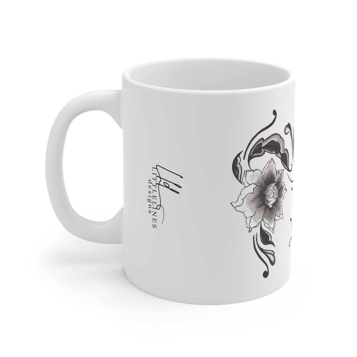 Floral Peony Ceramic Coffee Mug — Black & White Hand-Painted Flower(11oz, 15oz)