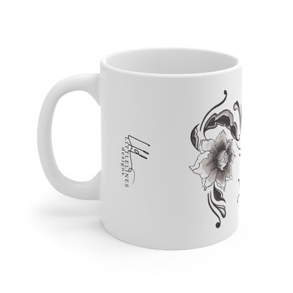 Floral Peony Ceramic Coffee Mug — Black & White Hand-Painted Flower(11oz, 15oz)