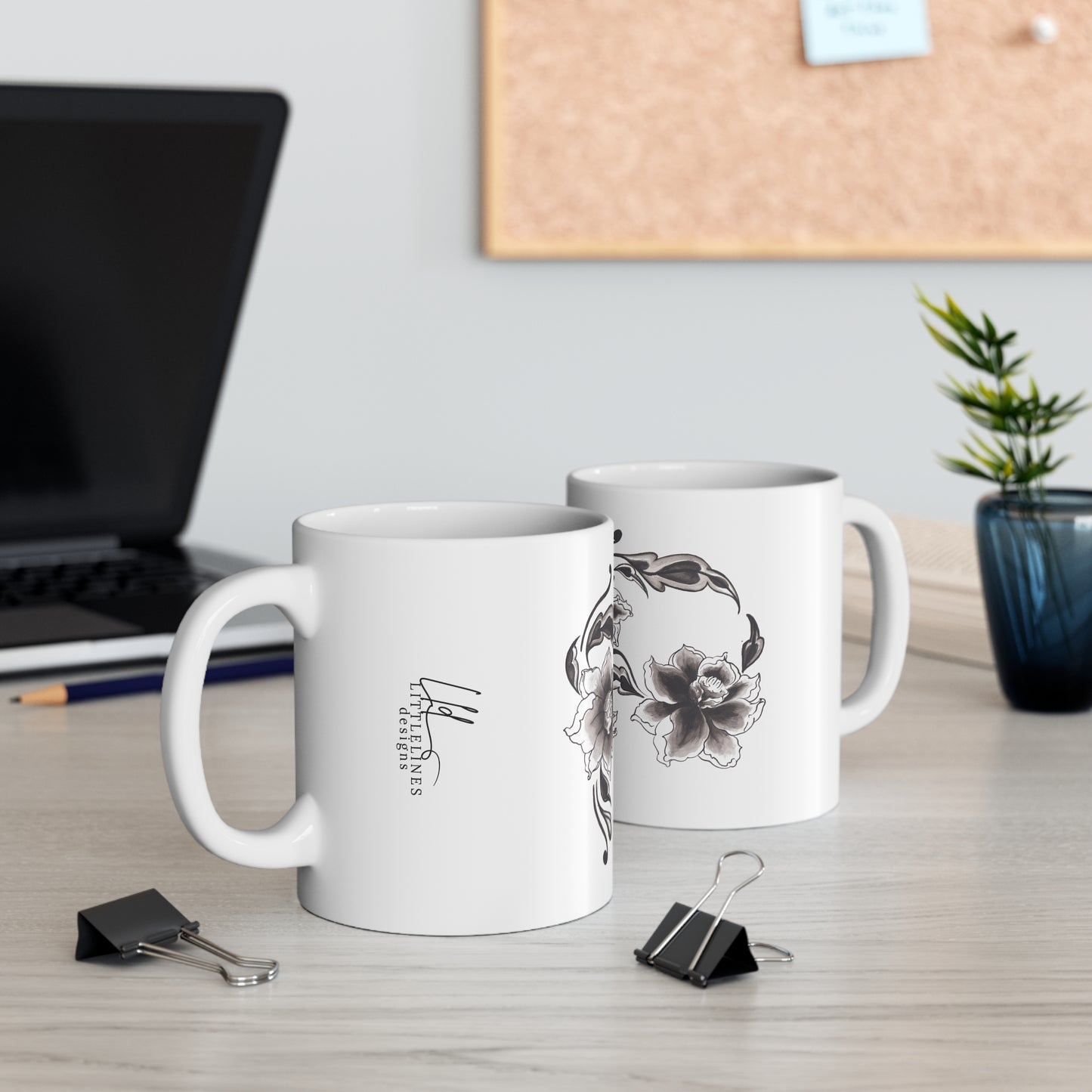 Floral Peony Ceramic Coffee Mug — Black & White Hand-Painted Flower(11oz, 15oz)