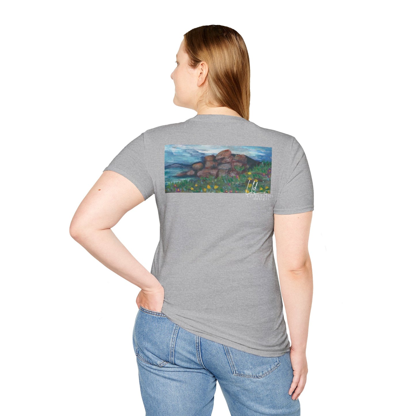 Hand painted "with the rocks" ocean T-Shirt | "Surrounds" Lanscape Floral collection | LittleLiinesdesigns